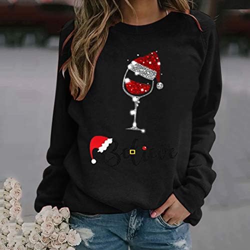 Kadın Noel Tops, POTO kadın Uzun Kollu Kırmızı Şarap Cam Kazak Kazak Grafik Rahat Crewneck Gömlek Kazak