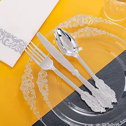 HNTHY 60 Pcs Sofra Şeffaf Gümüş Plastik Tepsi ile Gümüş Doğum Günü Düğün Parti Malzemeleri (Renk: Bir, Boyutu: Gösterildiği