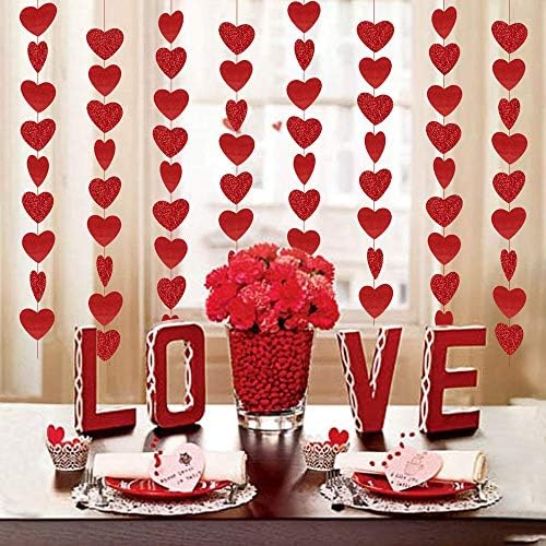 72 Adet Kırmızı Glitter Kalp Çelenk-Kalp Çelenk Süslemeleri-Anneler Günü Kırmızı Kalp Asılı Dize Çelenk-Sevgililer Günü Süslemeleri-Mutlu