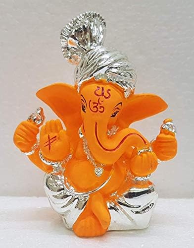 Sawcart Pagdi Ganesha / Ganesh / Ganpati Gümüş Kaplama Terracotta Puja Idol Heykelcik Heykel Hindu Başarı Tanrısı, Refah, İyi
