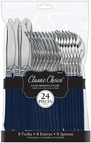 Lacivert ve Gümüş Plastik Çatal Bıçak Kaşık Seti-24pc