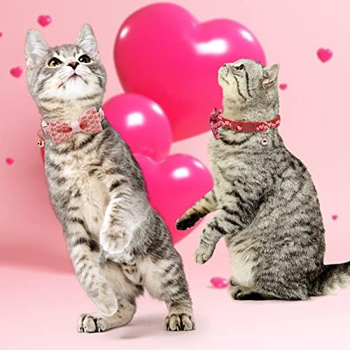 azuza 2 Paket Sevgililer Kedi Yaka Çan ile Pembe Güzel Kalp Ayrılıkçı Kedi Yaka Ayarlanabilir Kedi Yaka Çıkarılabilir Papyon