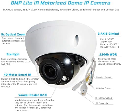 8MP PoE IP Kamera 5X Optik Zoom - Ultra HD 4 K 2.7-13.5 mm Lite IR Değişken Odak Dome Gözetim Ağ Hareket Algılama H. 265+ WDR