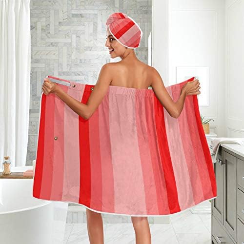 Kırmızı Monokrom Dikey Çizgili banyo Havlusu Wrap ile Kuru Saç duş bonesi, Ayarlanabilir Kapatma Duş Bornozlar, Hızlı Kurutma