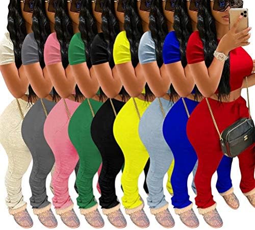 Bayan Seksi 2 Parça Spor Kıyafet Seti-Renk Blok Kırpma Gömlek Tops + Fırfır Bodycon Pantolon Jogger Eşofman Set