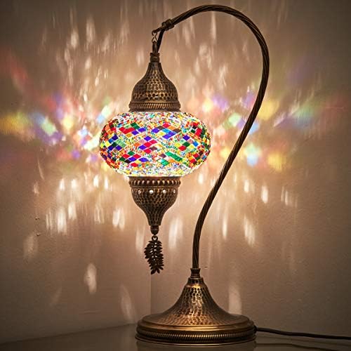 Türk Fas Tiffany Tarzı El Yapımı Renkli Mozaik Masa Danışma Başucu Gece Kuğu Boyun Lamba ışık Abajur, renkli, 19