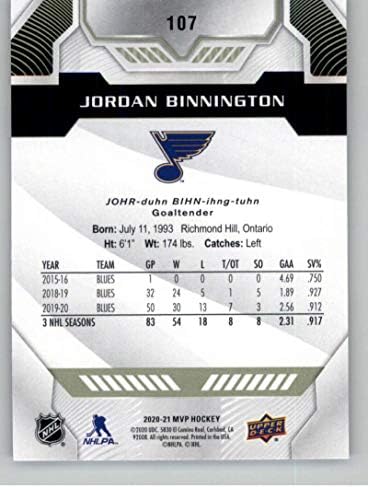 2020-21 Üst Güverte MVP 107 Jordan Binnington St. Louis Blues NHL Hokey Ticaret Kartı