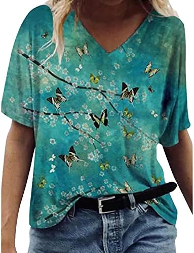 Kadın V yaka T-Shirt yaz çiçek Tops kısa kollu Casual gömlek degrade kravat boya bluz gevşek rahat gömlek