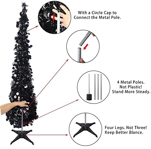 Joy-Leo 5ft Siyah Sequins Pop Up Kalem Noel Ağacı / 5 Ayaklar Katlanabilir Sıska Tinsel Yapay Ağaç Küçük Alanlar için, Montajı