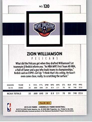 2019-20 Panini Chronicles Panini 120 Zion Williamson New Orleans Pelikanlar RC Çaylak NBA Basketbol Ticaret Kartı