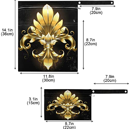 visesunny Boyalı Altın Fleur De Lis Koyu Desen Fermuarlı Cepler ile 2 Adet Islak Çanta Yıkanabilir Kullanımlık Seyahat için