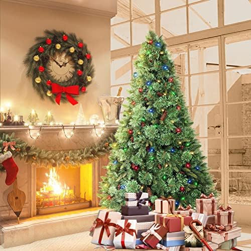 SHareconn 6ft Prelit Premium Yapay Menteşeli Noel Çam Ağacı 350 Sıcak Beyaz ve Çok Renkli ışıklar, 60 Çam kozalakları ve Katlanabilir