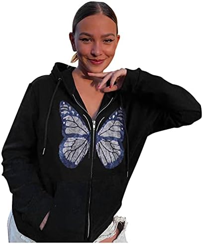 POTO kadın Y2K Vintage Grafik Zip Up Hoodie İskelet Uzun Kollu Boy Kazak 90 s E-Kız Streetwear Ceket
