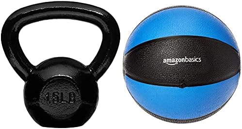 Temelleri Emaye Dökme Demir Kettlebell - 15 Pound, Siyah ve Egzersiz Fitness Egzersiz Ağırlıklı Tıp Topu - 10 Pound, Mavi