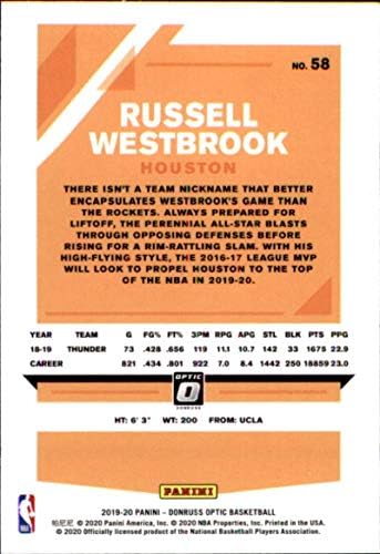 2019-20 Donruss Optik 58 Russell Westbrook Houston Rockets NBA Basketbol Ticaret Kartı