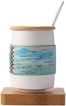 Porselen Kupa Kahve Kupa Seramik Bardak,Kapaklı ve Ahşap Mat Kaşık Desenli Ev Ofis Çay Bardağı, Çin Tarzı El Boyaması Sanat
