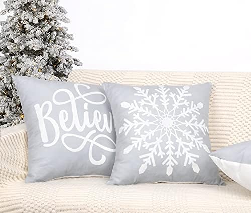 4TH Emotion Gri Beyaz Yumuşak Noel Yastık Kapakları 18x18 4 Set Çiftlik Noel Süslemeleri Merry Christmas Kar Tanesi Ağacı Kış