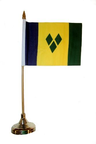 St. Vincent küçük 4 X 6 inç Mini ülke sopa bayrak afiş altın STAND ile 10 inç plastik kutup üzerinde .. Yeni