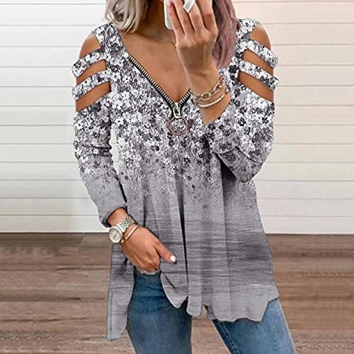 Kadın Kapalı Omuz Üstleri Artı Boyutu Moda Gevşek Fit Zip Up Hollow Dantel T Shirt 3/4 Kollu Bluzlar Baskı Tunik