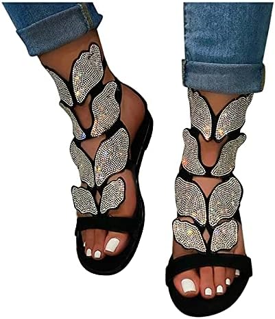 HİRİRİ Şık Gladyatör Sandalet Kadınlar için Kristal Yüksek Top Burnu açık Ayakkabı Düşük Topuk Yaz Strappy Flats Seksi Terlik