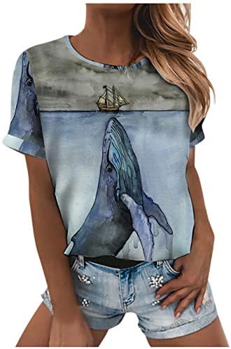 Dosoop Womens Yenilik Deniz Hayvan Grafik T Shirt Kısa Kollu Crewneck Tees Balina Ahtapot Köpekbalığı Baskılı Bluz Tops Bluz