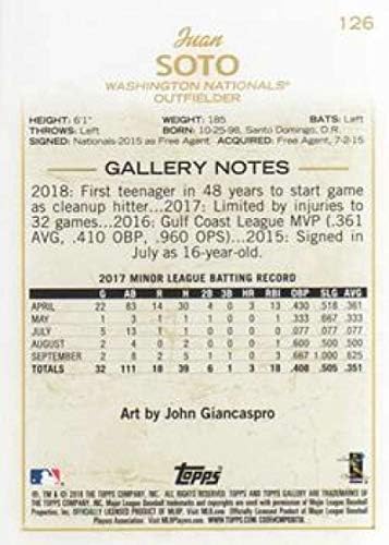 2018 Topps Galeri 126 Juan Soto RC Çaylak Kartı Washington Nationals Resmi MLB Beyzbol Ticaret Kartı Ham (NM veya Daha iyi)