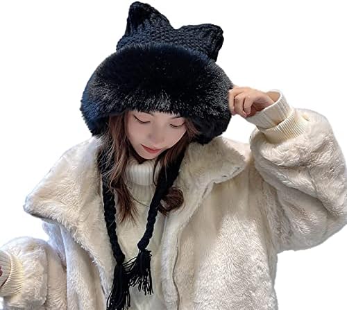Kawaii Kabarık Şapka ile Kedi Kulak Gençler için, Sevimli Örme Bere Şapka Pigtail Bulanık Sıcak Şapka Kış Kız Kadın Hediye