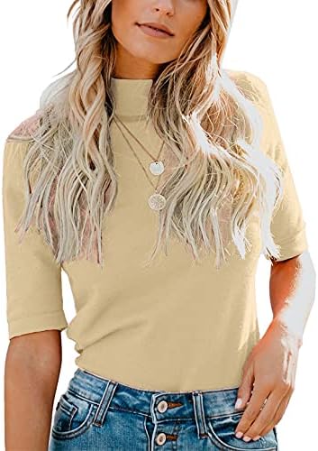 LIYOHON kadın Düz T-Shirt Mock / Kaplumbağa Boyun Yarım Kollu Katı Bluzlar 2021 Güz Slim Gömme Sevimli Tee Tops