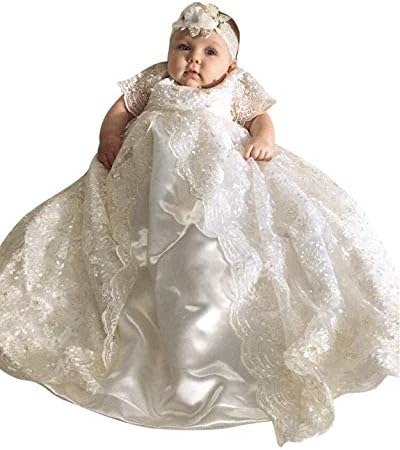 NCDIMS Vaftiz Elbiseler Bebek Kız Uzun Boncuklu Dantel Örgün Törenlerinde ile Kafa Bandı