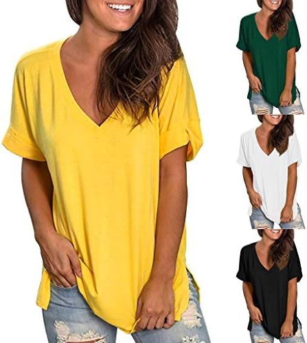 Bayan Yaz Üstleri, düz Artı Boyutu Üstleri Kadınlar için Temel V Yaka Gömlek Kısa Kollu Üstleri Rahat Gevşek T-Shirt Tops