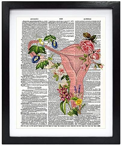 Susie Sanat 8X10 Çerçevesiz Çiçekli Rahim Kadın Hediye Feminist Sanat Anatomik Gebelik Hediye Upcycled Vintage Sözlük Sanat