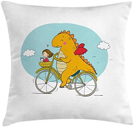 Ambesonne Dinozor Bisiklet Atmak Yastık Minder Örtüsü, Mutlu Dostu Ejderha Gezgin ile bir Kız ve bir Kedi Kreş Karikatür Baskı,
