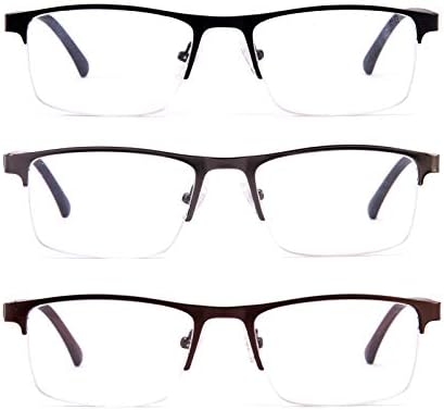 3 Paket Mavi ışık Engelleme okuma gözlüğü Yarım Çerçeve Bahar Menteşe Metal Çerçeve Dikdörtgen Gözlük Mens Womens için