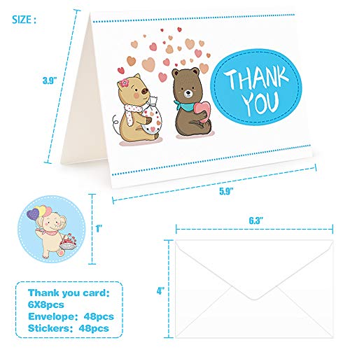 Bebek Duş Teşekkür Kartları, Zarflar ve Çıkartmalar ile 48 Teşekkür Kartları Mavi Fil Hayvan Çocuklarınız için Çeşitli Şükran