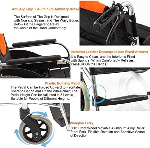 YANGYİN Taşıma Tekerlekli Sandalyesi, Hafif Katlanır Alüminyum Kendinden Tahrikli Tekerlekli Sandalyeler 16 İnç Genişliğinde
